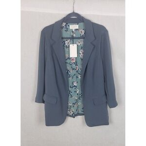 Skies Are Blue Curvy Womens Dusty Blue Floral Lined Open Front Blazer 1X Spring